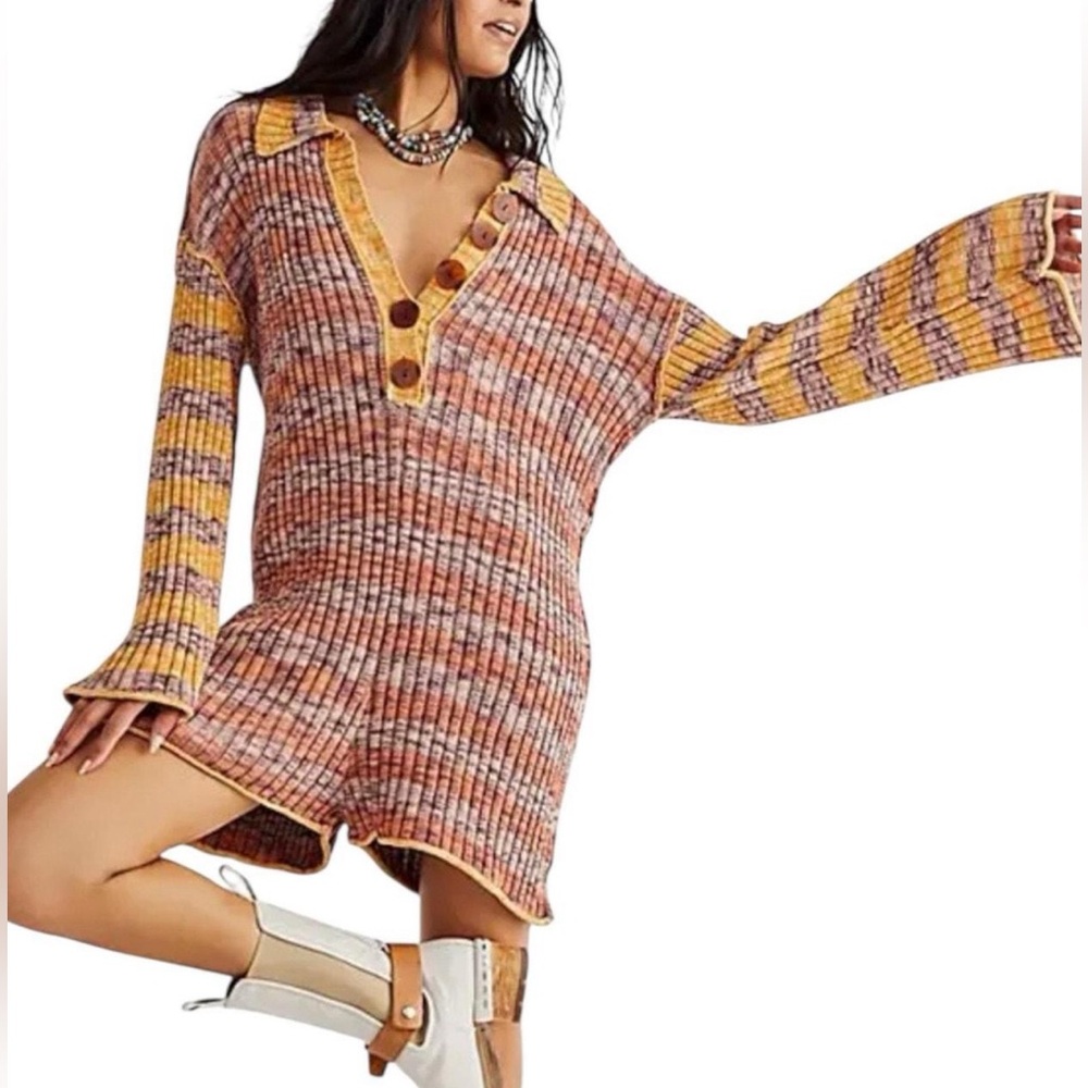 Free People Orange/Brown/Yellow Striped Sweater Romper